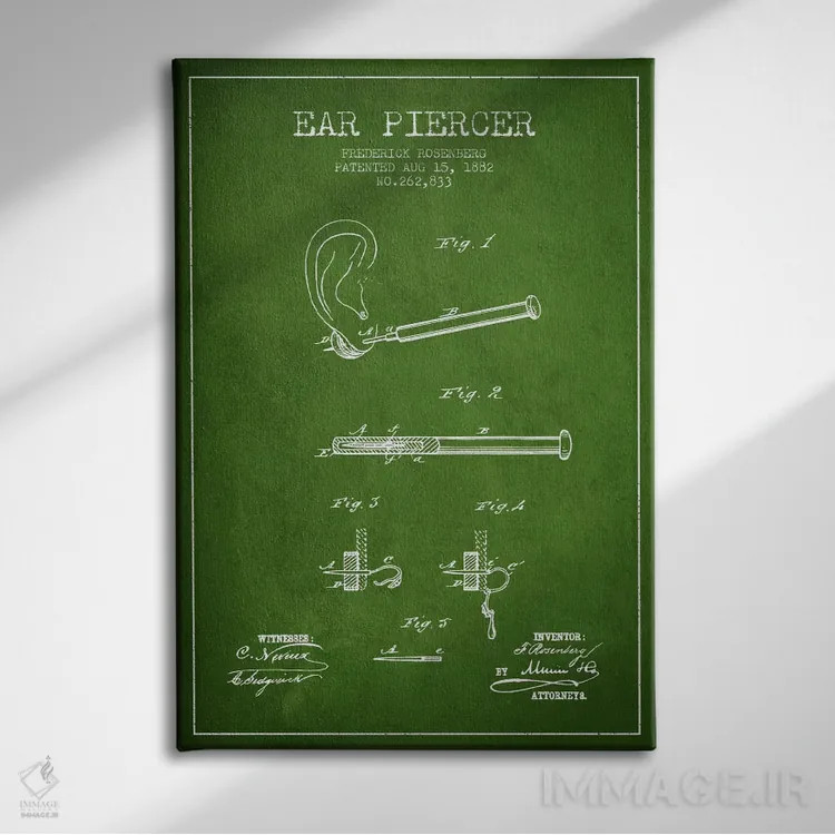 تابلو نقشهٔ ثبت اختراع دستگاه سوراخکننده گوش ۲ (سبز) اثر پیکسل کهنه (استودیو/نام هنری) - نمای روبهرو روی دیوار