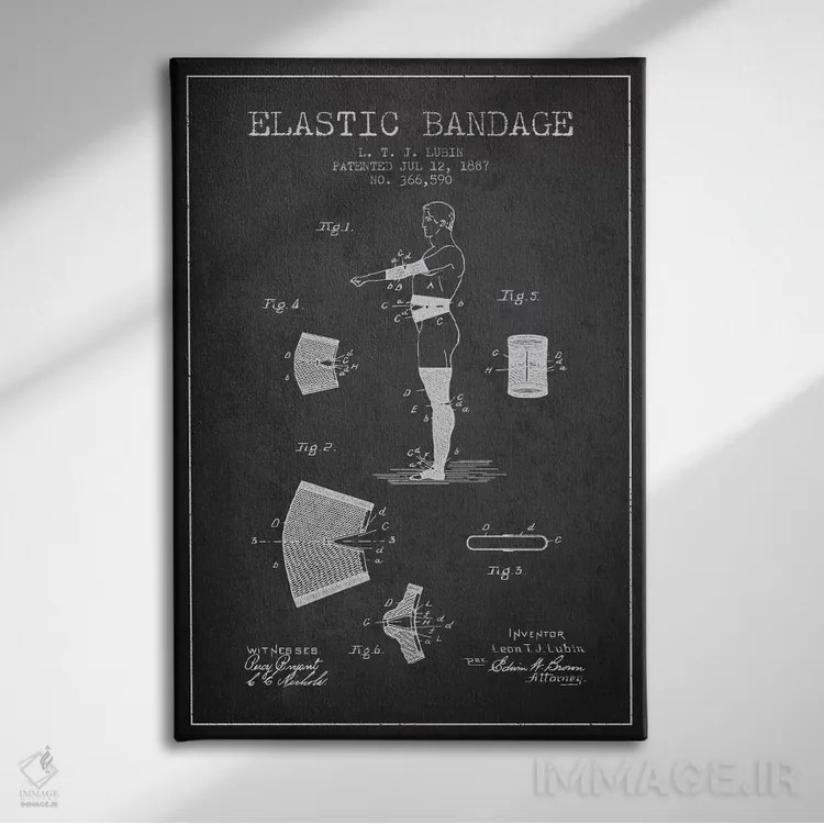 تابلو نقشهٔ ثبت اختراع بانداژ کشی (زغالی) اثر پیکسل کهنه (استودیو/نام هنری) - نمای روبهرو روی دیوار