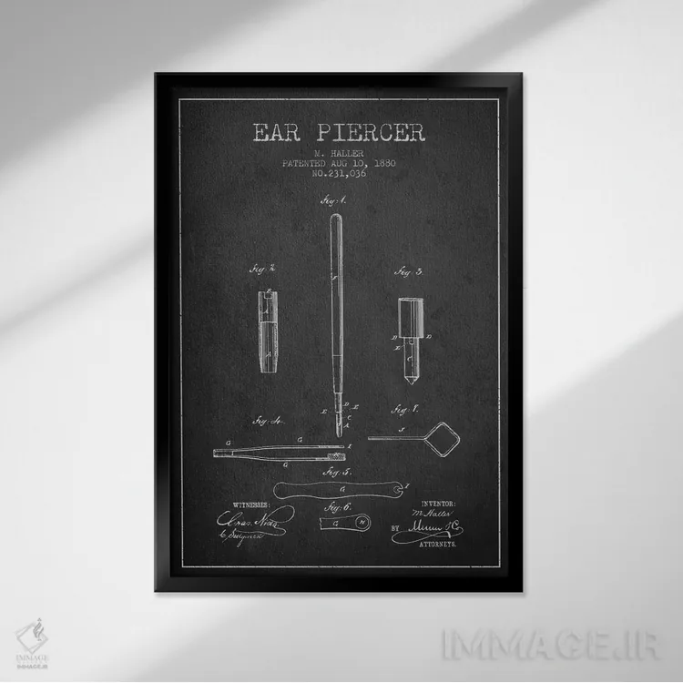 تابلو نقشهٔ ثبت اختراع دستگاه سوراخکننده گوش (زغالی) اثر پیکسل کهنه (استودیو/نام هنری) - نمای قابدار مشکی