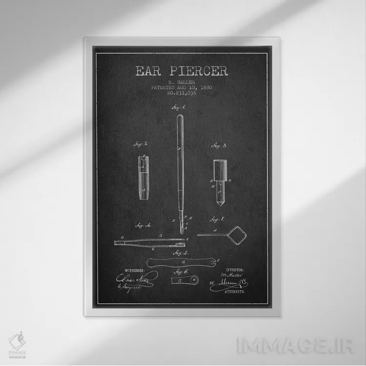 تابلو نقشهٔ ثبت اختراع دستگاه سوراخکننده گوش (زغالی) اثر پیکسل کهنه (استودیو/نام هنری) - نمای قابدار سفید