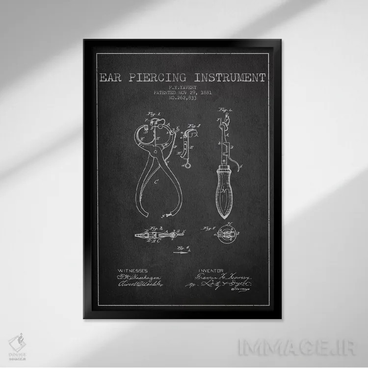 تابلو نقشهٔ ثبت اختراع دستگاه سوراخکننده گوش ۳ (زغالی) اثر پیکسل کهنه (استودیو/نام هنری) - نمای قابدار مشکی