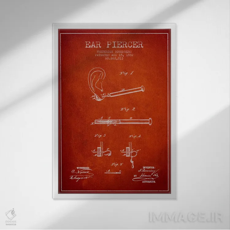 تابلو نقشهٔ ثبت اختراع دستگاه سوراخکننده گوش ۲ (قرمز) اثر پیکسل کهنه (استودیو/نام هنری) - نمای قابدار سفید