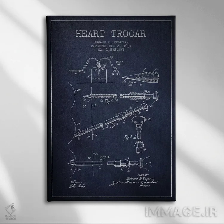 تابلو نقشهٔ ثبت اختراع تروکار قلب (آبی نفتی) اثر پیکسل کهنه (استودیو/نام هنری) - نمای روبهرو روی دیوار