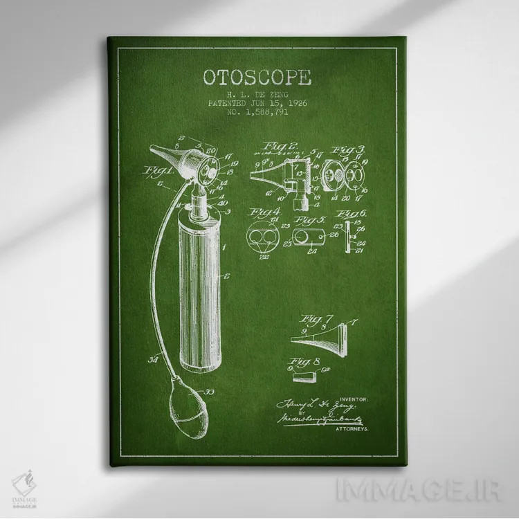 تابلو نقشهٔ ثبت اختراع اتوسکوپ (سبز) اثر پیکسل کهنه (استودیو/نام هنری) - نمای روبهرو روی دیوار