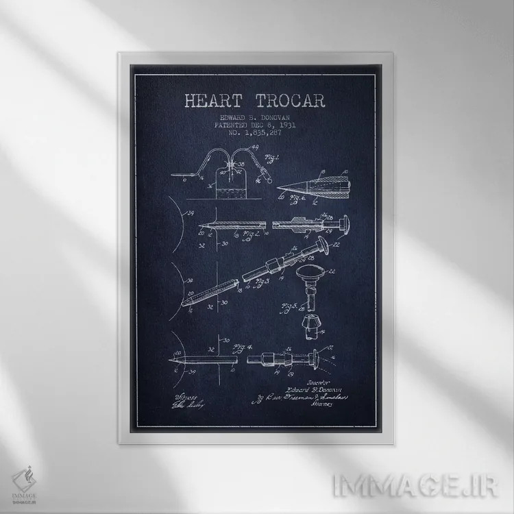 تابلو نقشهٔ ثبت اختراع تروکار قلب (آبی نفتی) اثر پیکسل کهنه (استودیو/نام هنری) - نمای قابدار سفید