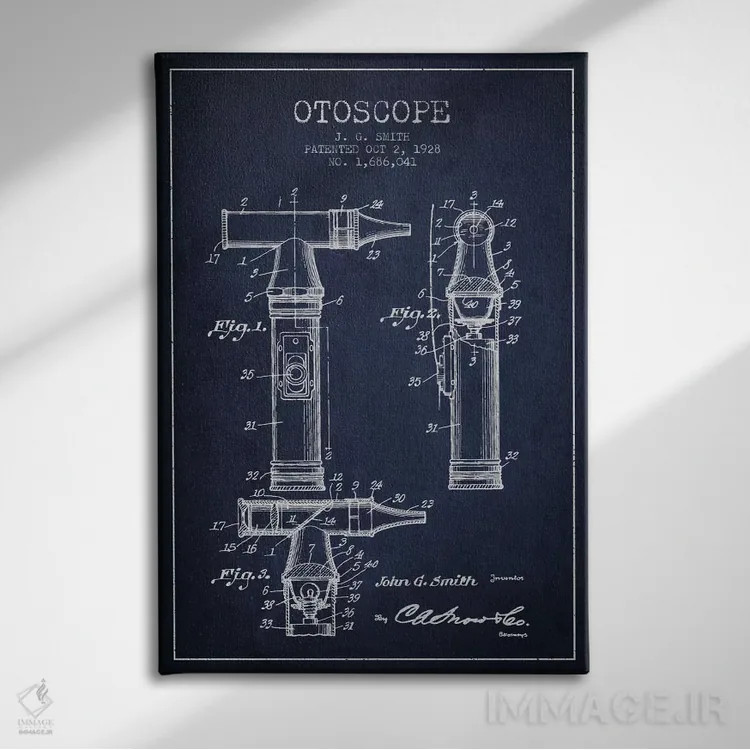 تابلو نقشهٔ ثبت اختراع اتوسکوپ ۳ (آبی نفتی) اثر پیکسل کهنه (استودیو/نام هنری) - نمای روبهرو روی دیوار