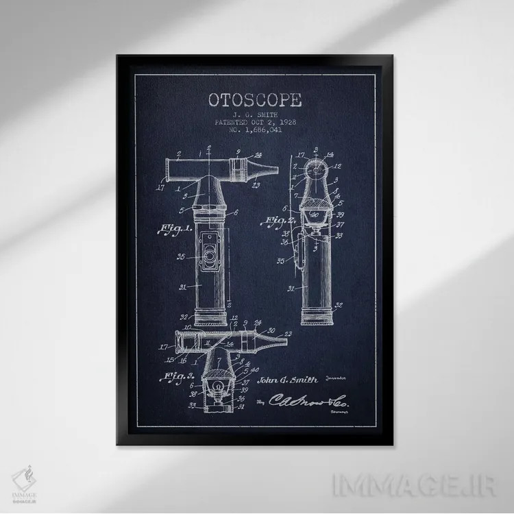 تابلو نقشهٔ ثبت اختراع اتوسکوپ ۳ (آبی نفتی) اثر پیکسل کهنه (استودیو/نام هنری) - نمای قابدار مشکی