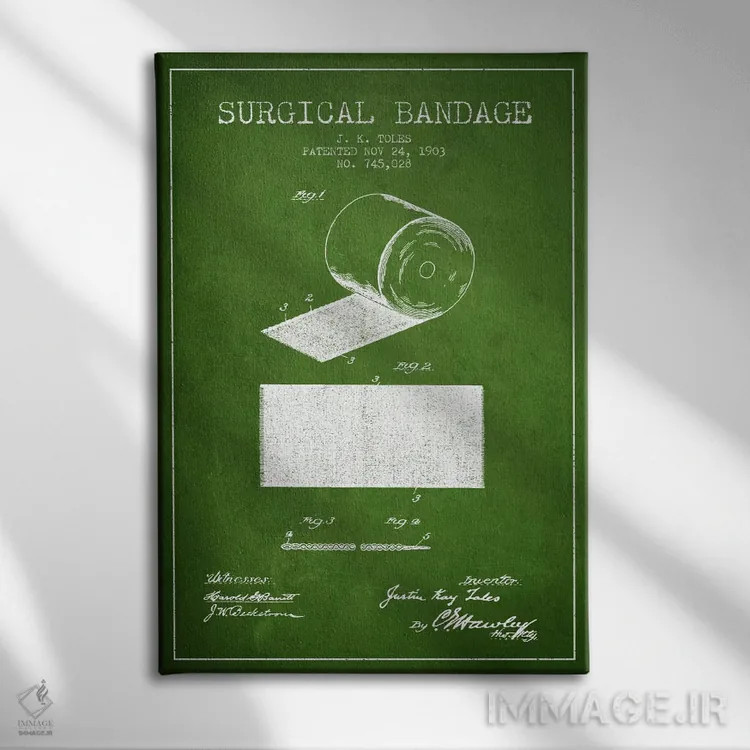 تابلو نقشهٔ ثبت اختراع بانداژ جراحی (سبز) اثر پیکسل کهنه (استودیو/نام هنری) - نمای روبهرو روی دیوار