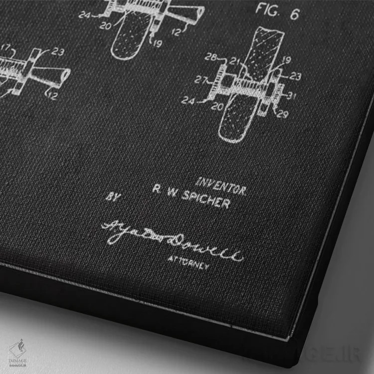 تابلو نقشهٔ ثبت اختراع دستگاه سوراخکاری (زغالی) اثر پیکسل کهنه (استودیو/نام هنری) - نمای نزدیک بافت بوم