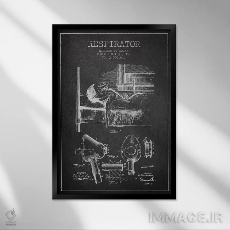 تابلو نقشهٔ ثبت اختراع دستگاه تنفس مصنوعی (زغالی) اثر پیکسل کهنه (استودیو/نام هنری) - نمای قابدار مشکی