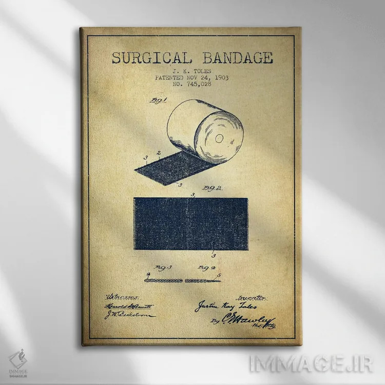 تابلو نقشهٔ ثبت اختراع بانداژ جراحی (قدیمی) اثر پیکسل کهنه (استودیو/نام هنری) - نمای روبهرو روی دیوار