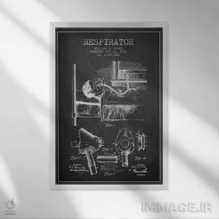 تابلو نقشهٔ ثبت اختراع دستگاه تنفس مصنوعی (زغالی) اثر پیکسل کهنه (استودیو/نام هنری) - نمای قابدار سفید
