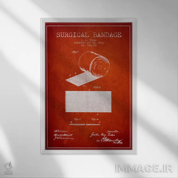 تابلو نقشهٔ ثبت اختراع بانداژ جراحی (قرمز) اثر پیکسل کهنه (استودیو/نام هنری) - نمای قابدار سفید