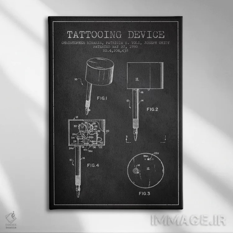 تابلو نقشهٔ ثبت اختراع دستگاه تاتو (زغالی) اثر پیکسل کهنه (استودیو/نام هنری) - نمای روبهرو روی دیوار