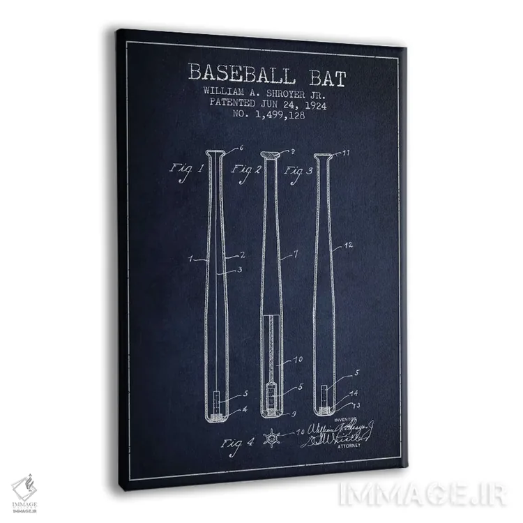تابلو نقشهٔ ثبت اختراع چوب بیسبال (آبی نفتی) اثر پیکسل کهنه (استودیو/نام هنری) - نمای پرسپکتیو محصول