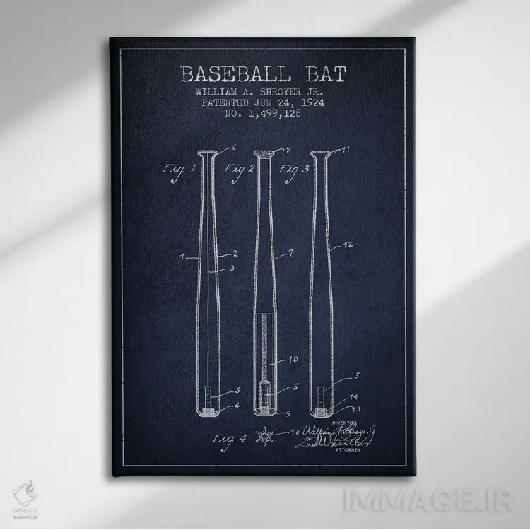تابلو نقشهٔ ثبت اختراع چوب بیسبال (آبی نفتی) اثر پیکسل کهنه (استودیو/نام هنری) - نمای روبهرو روی دیوار