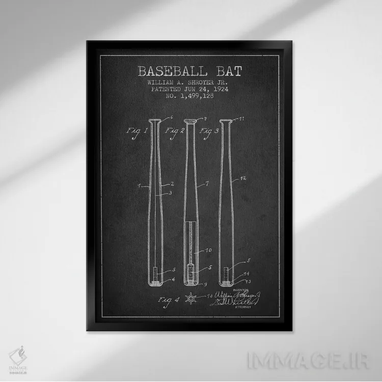 تابلو نقشهٔ ثبت اختراع چوب بیسبال (زغالی) اثر پیکسل کهنه (استودیو/نام هنری) - نمای قابدار مشکی