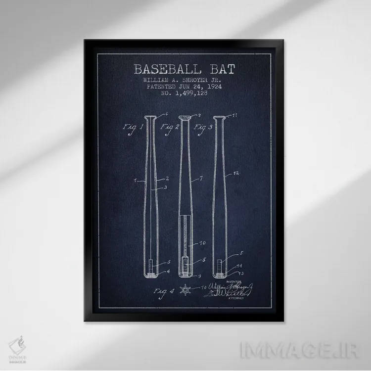 تابلو نقشهٔ ثبت اختراع چوب بیسبال (آبی نفتی) اثر پیکسل کهنه (استودیو/نام هنری) - نمای قابدار مشکی