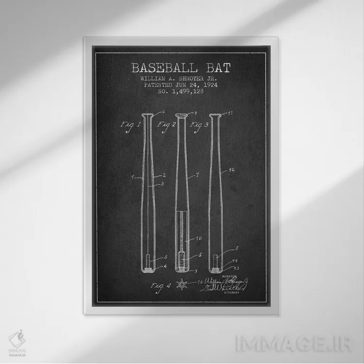 تابلو نقشهٔ ثبت اختراع چوب بیسبال (زغالی) اثر پیکسل کهنه (استودیو/نام هنری) - نمای قابدار سفید