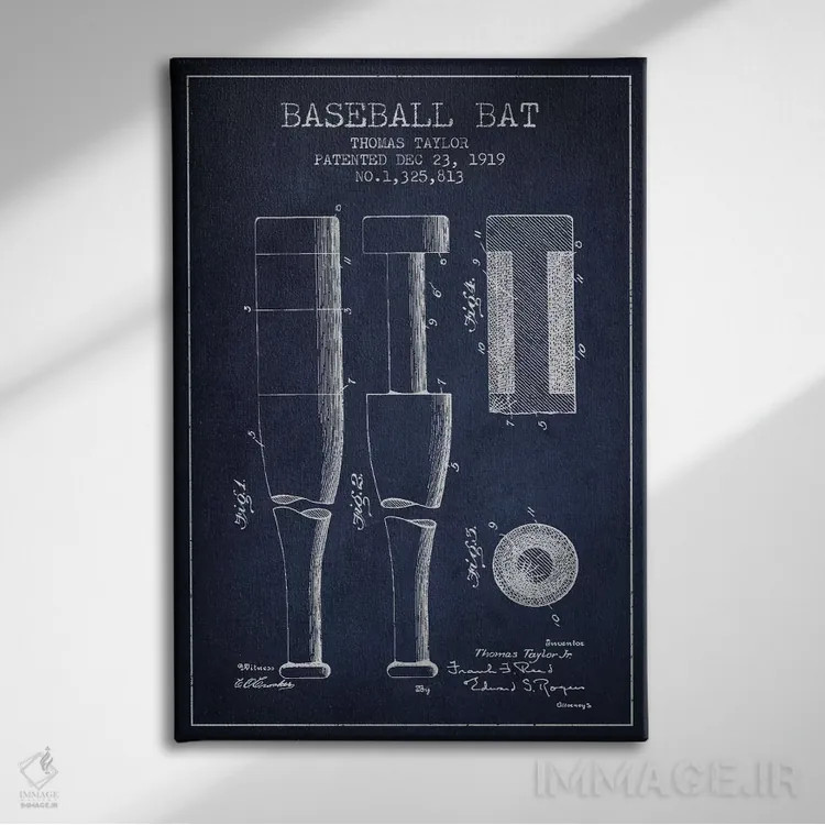 تابلو نقشهٔ ثبت اختراع چوب بیسبال (آبی نفتی) اثر پیکسل کهنه (استودیو/نام هنری) - نمای روبهرو روی دیوار
