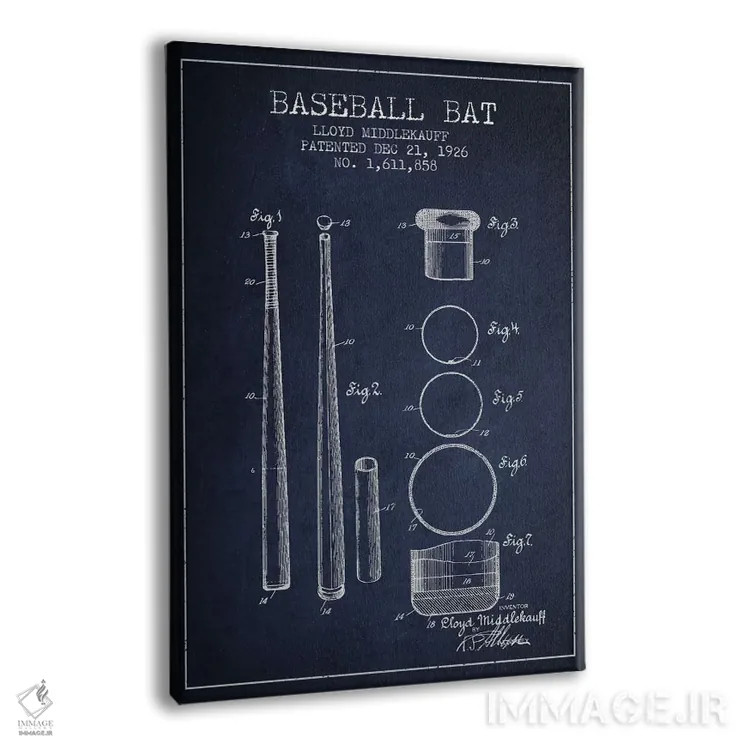 تابلو نقشهٔ ثبت اختراع چوب بیسبال (آبی نفتی) اثر پیکسل کهنه (استودیو/نام هنری) - نمای پرسپکتیو محصول