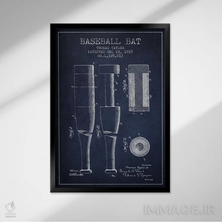 تابلو نقشهٔ ثبت اختراع چوب بیسبال (آبی نفتی) اثر پیکسل کهنه (استودیو/نام هنری) - نمای قابدار مشکی