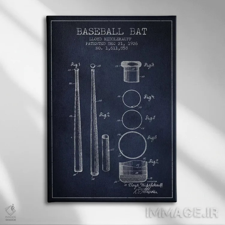 تابلو نقشهٔ ثبت اختراع چوب بیسبال (آبی نفتی) اثر پیکسل کهنه (استودیو/نام هنری) - نمای روبهرو روی دیوار