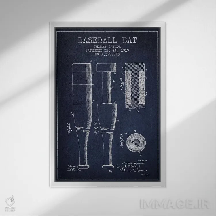 تابلو نقشهٔ ثبت اختراع چوب بیسبال (آبی نفتی) اثر پیکسل کهنه (استودیو/نام هنری) - نمای قابدار سفید