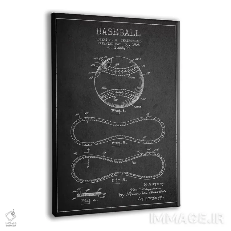تابلو نقشهٔ ثبت اختراع توپ بیسبال (زغالی) اثر پیکسل کهنه (استودیو/نام هنری) - نمای پرسپکتیو محصول