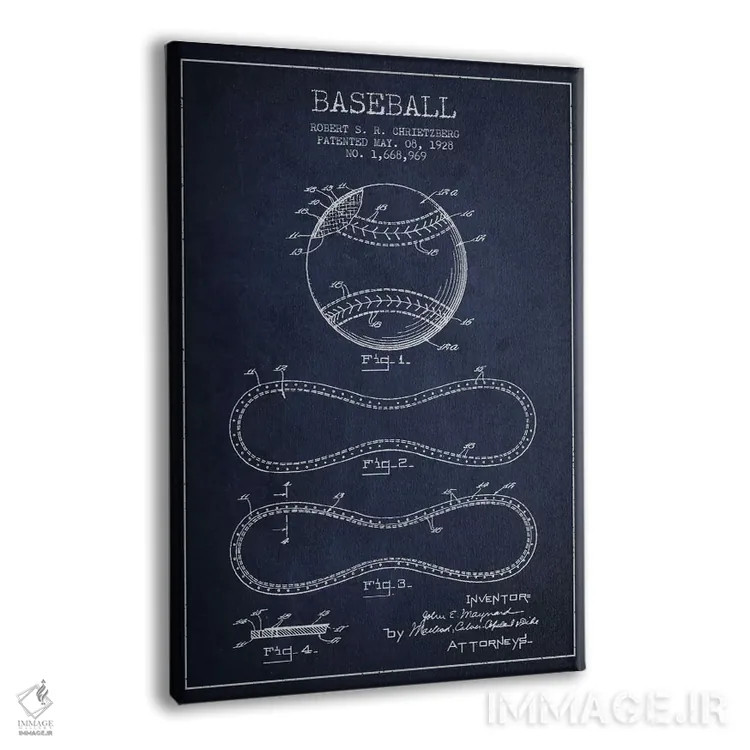 تابلو نقشهٔ ثبت اختراع توپ بیسبال (آبی نفتی) اثر پیکسل کهنه (استودیو/نام هنری) - نمای پرسپکتیو محصول