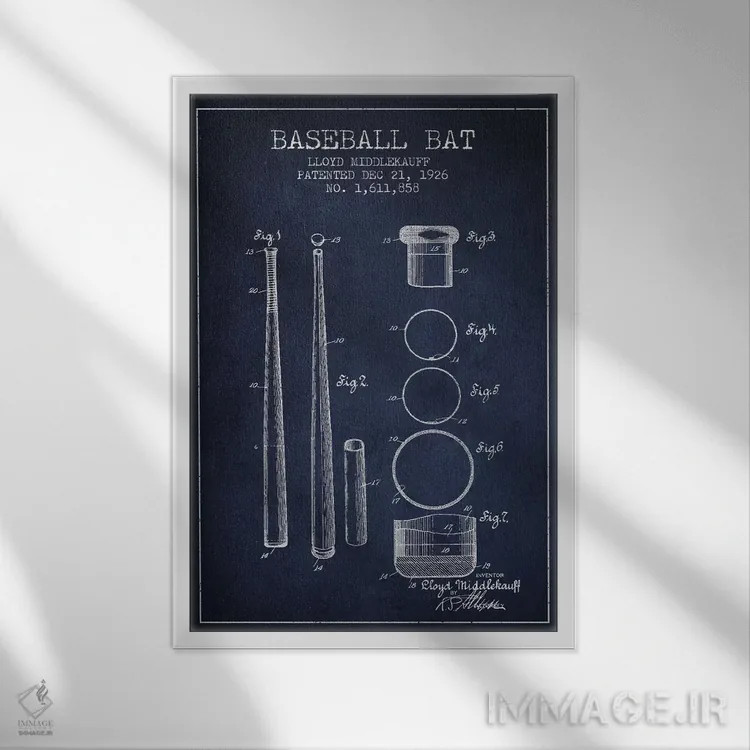 تابلو نقشهٔ ثبت اختراع چوب بیسبال (آبی نفتی) اثر پیکسل کهنه (استودیو/نام هنری) - نمای قابدار سفید