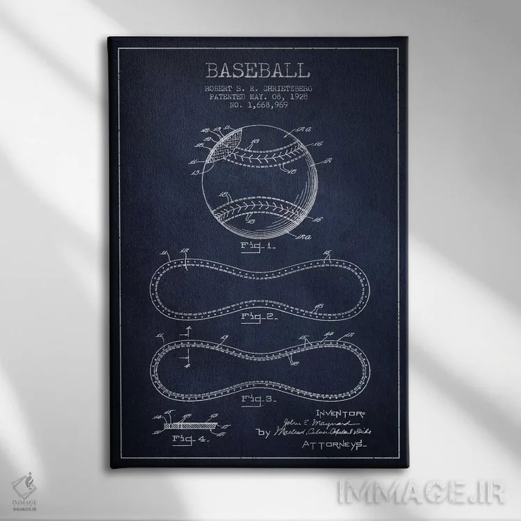 تابلو نقشهٔ ثبت اختراع توپ بیسبال (آبی نفتی) اثر پیکسل کهنه (استودیو/نام هنری) - نمای روبهرو روی دیوار