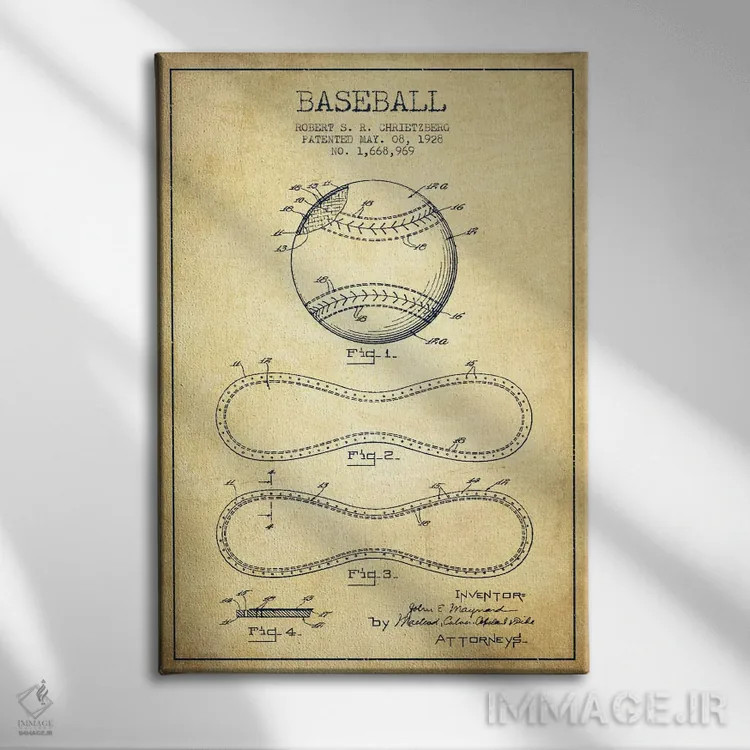 تابلو نقشهٔ ثبت اختراع توپ بیسبال (قدیمی) اثر پیکسل کهنه (استودیو/نام هنری) - نمای روبهرو روی دیوار