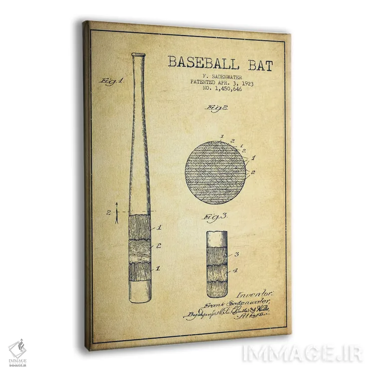 تابلو نقشهٔ ثبت اختراع چوب بیسبال قدیمی اثر پیکسل کهنه (استودیو/نام هنری) - نمای پرسپکتیو محصول