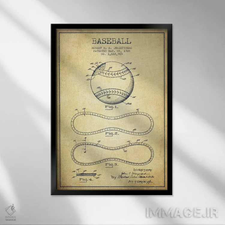 تابلو نقشهٔ ثبت اختراع توپ بیسبال (قدیمی) اثر پیکسل کهنه (استودیو/نام هنری) - نمای قابدار مشکی