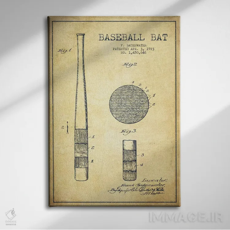 تابلو نقشهٔ ثبت اختراع چوب بیسبال قدیمی اثر پیکسل کهنه (استودیو/نام هنری) - نمای روبهرو روی دیوار