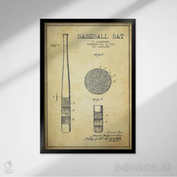 تابلو نقشهٔ ثبت اختراع چوب بیسبال قدیمی اثر پیکسل کهنه (استودیو/نام هنری) - نمای قابدار مشکی