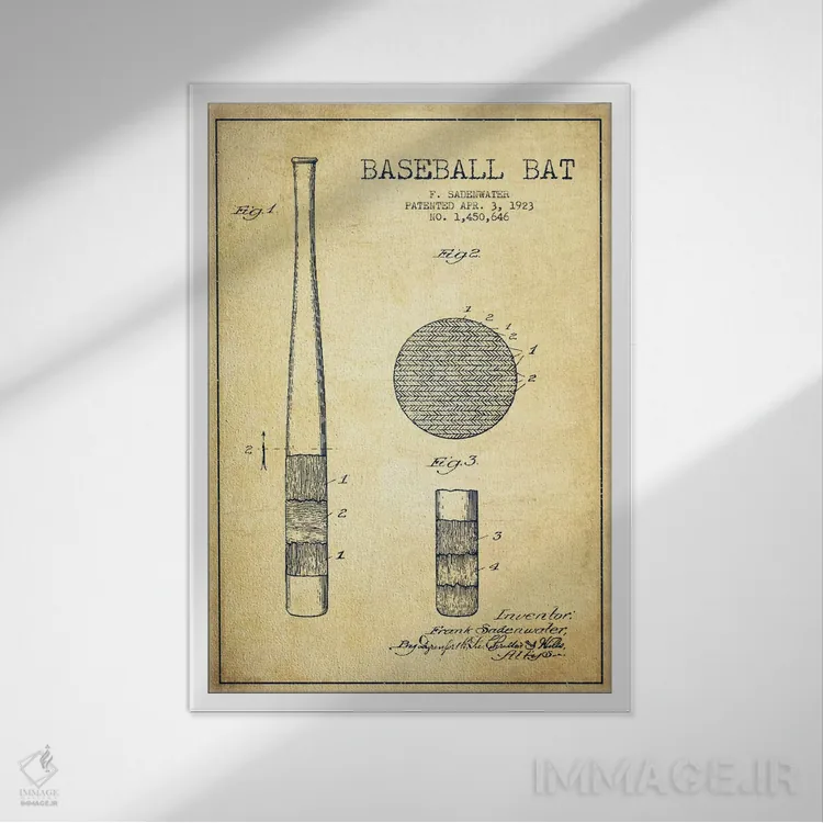 تابلو نقشهٔ ثبت اختراع چوب بیسبال قدیمی اثر پیکسل کهنه (استودیو/نام هنری) - نمای قابدار سفید