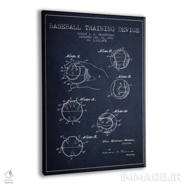 تابلو نقشهٔ ثبت اختراع ابزار بیسبال (آبی سرمهای) اثر پیکسل کهنه (استودیو/نام هنری) - نمای پرسپکتیو محصول