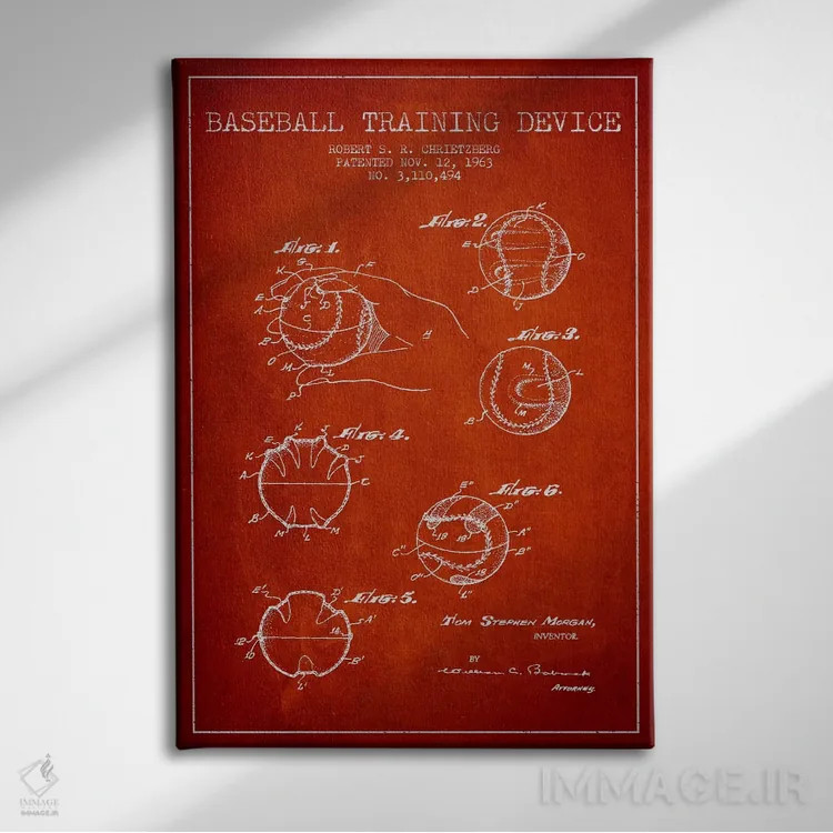 تابلو نقشهٔ ثبت اختراع ابزار بیسبال (قرمز) اثر پیکسل کهنه (استودیو/نام هنری) - نمای روبهرو روی دیوار