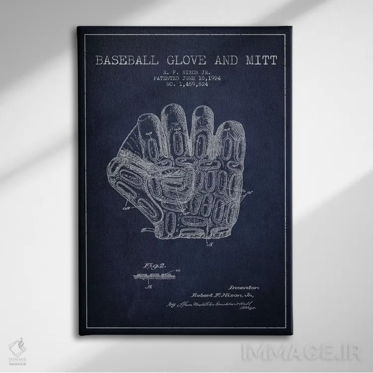 تابلو نقشهٔ ثبت اختراع دستکش بیسبال (آبی سرمهای) اثر پیکسل کهنه (استودیو/نام هنری) - نمای روبهرو روی دیوار
