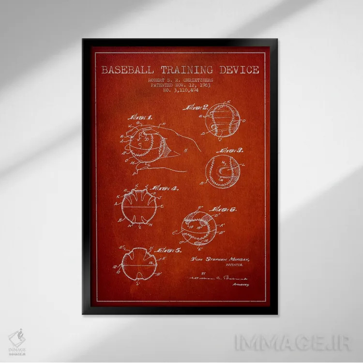 تابلو نقشهٔ ثبت اختراع ابزار بیسبال (قرمز) اثر پیکسل کهنه (استودیو/نام هنری) - نمای قابدار مشکی