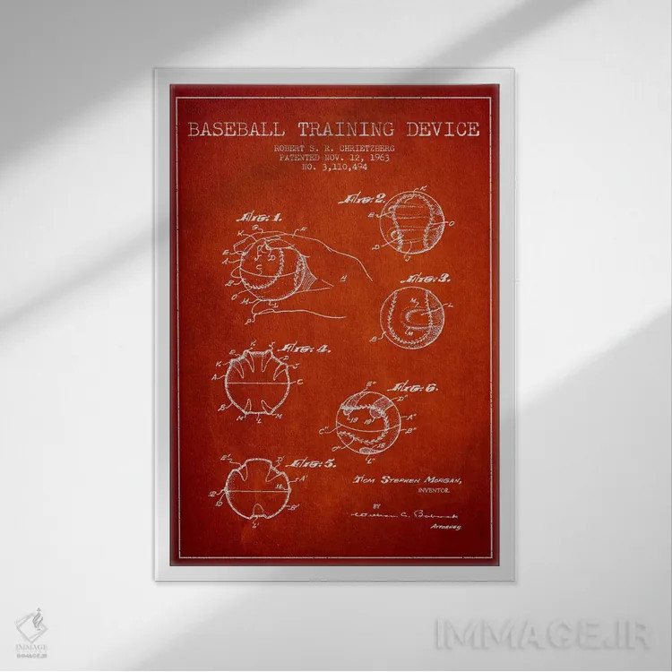 تابلو نقشهٔ ثبت اختراع ابزار بیسبال (قرمز) اثر پیکسل کهنه (استودیو/نام هنری) - نمای قابدار سفید