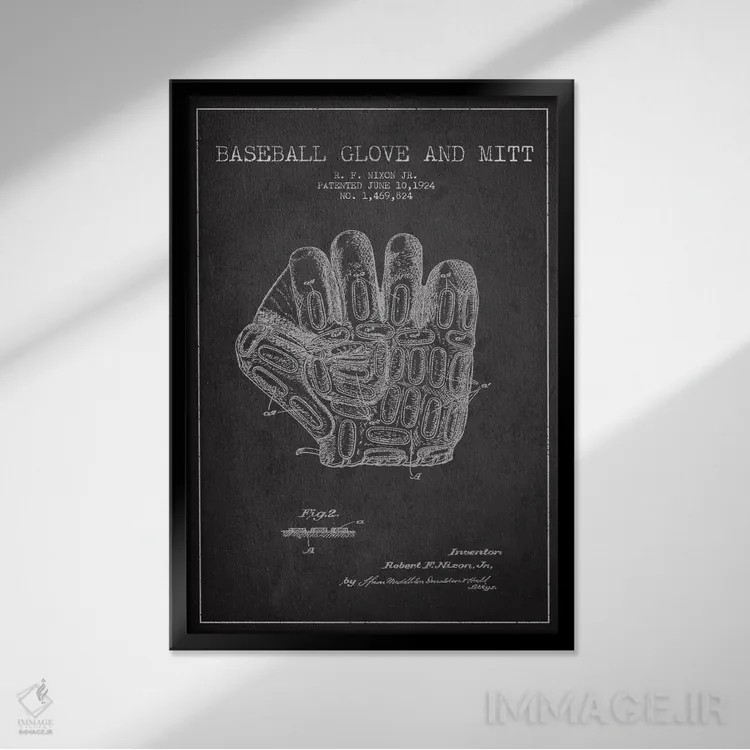 تابلو نقشهٔ ثبت اختراع دستکش بیسبال (زغالسنگی) اثر پیکسل کهنه (استودیو/نام هنری) - نمای قابدار مشکی