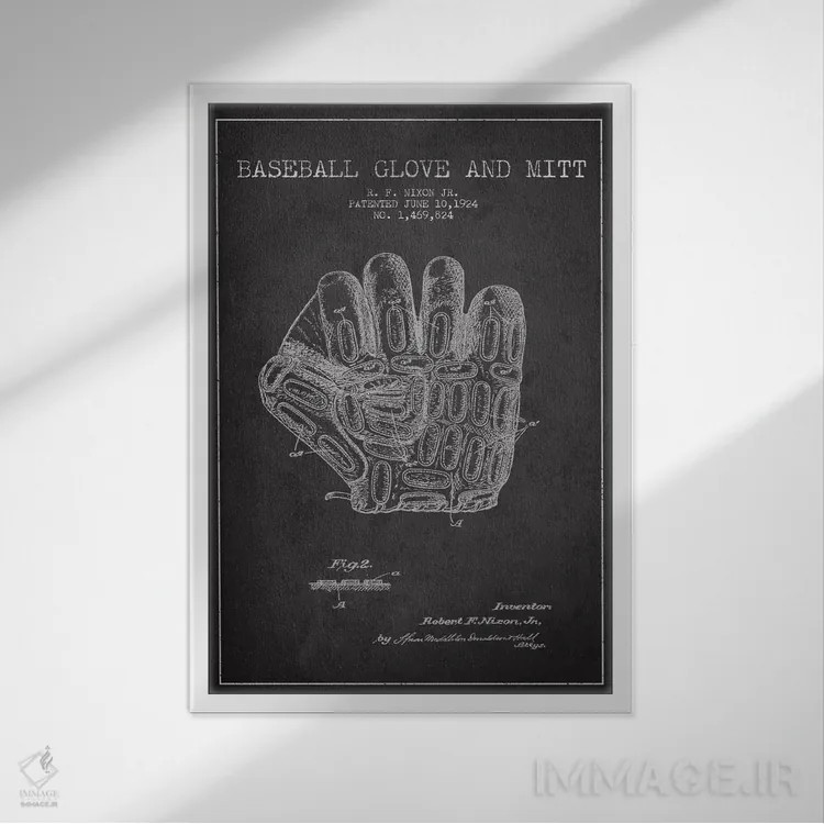 تابلو نقشهٔ ثبت اختراع دستکش بیسبال (زغالسنگی) اثر پیکسل کهنه (استودیو/نام هنری) - نمای قابدار سفید