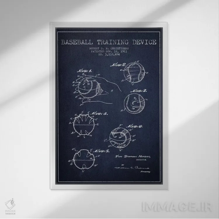 تابلو نقشهٔ ثبت اختراع ابزار بیسبال (آبی سرمهای) اثر پیکسل کهنه (استودیو/نام هنری) - نمای قابدار سفید