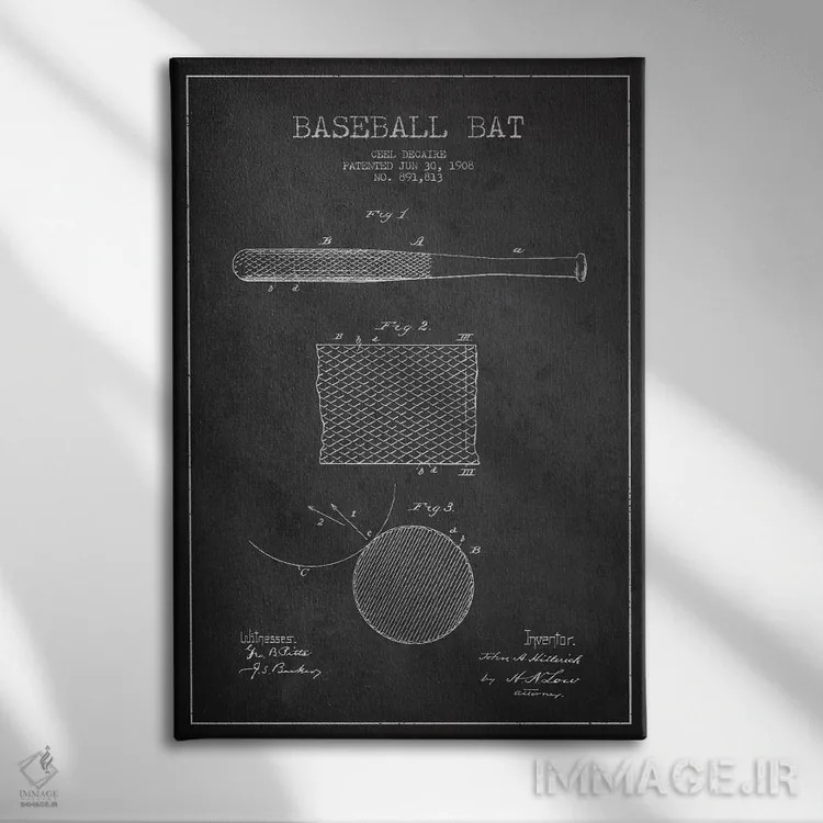 تابلو نقشهٔ ثبت اختراع چوب بیسبال (زغالسنگی) اثر پیکسل کهنه (استودیو/نام هنری) - نمای روبهرو روی دیوار