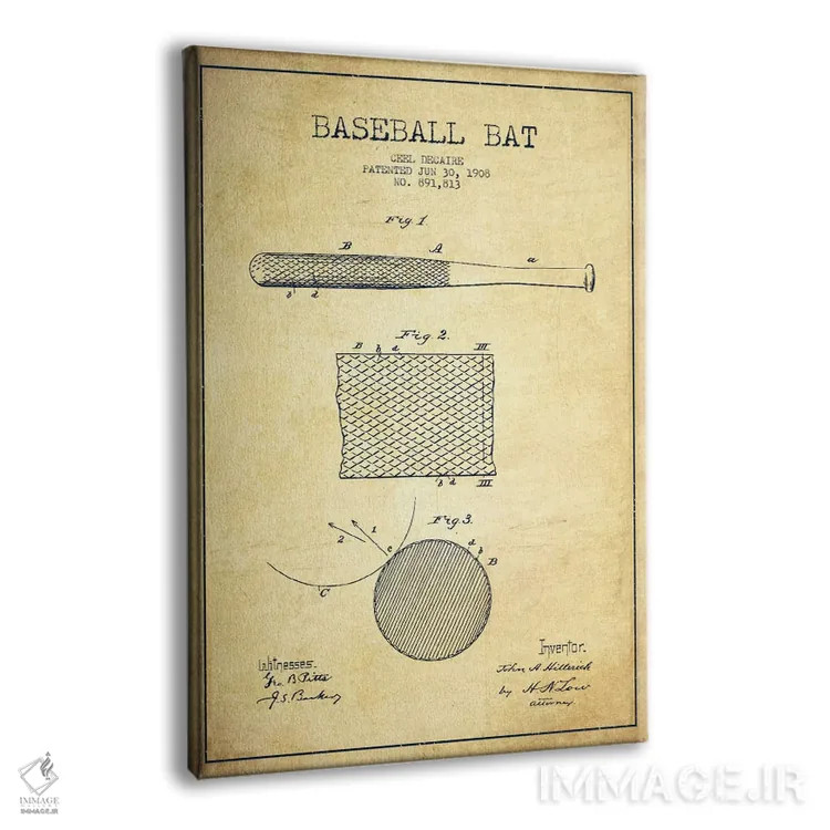 تابلو نقشهٔ ثبت اختراع چوب بیسبال قدیمی اثر پیکسل کهنه (استودیو/نام هنری) - نمای پرسپکتیو محصول