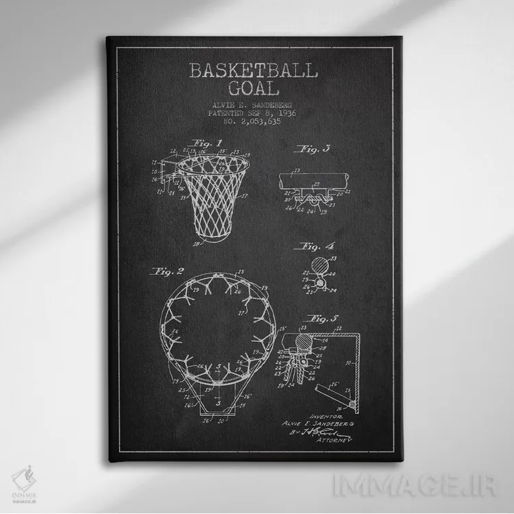 تابلو نقشهٔ ثبت اختراع حلقه بسکتبال (زغالسنگی) اثر پیکسل کهنه (استودیو/نام هنری) - نمای روبهرو روی دیوار