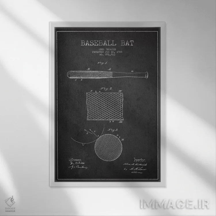 تابلو نقشهٔ ثبت اختراع چوب بیسبال (زغالسنگی) اثر پیکسل کهنه (استودیو/نام هنری) - نمای قابدار سفید